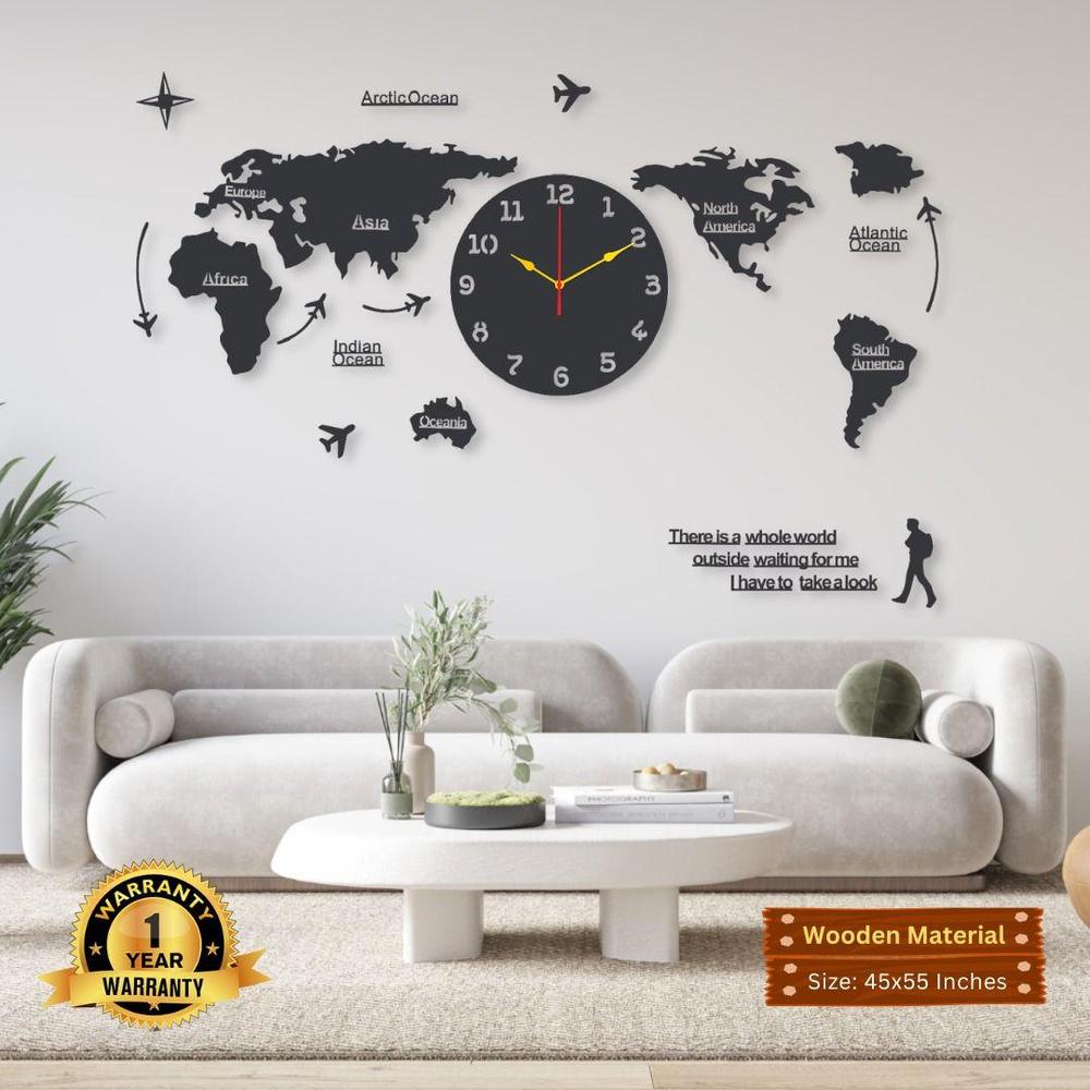 World Map Wooden Wall Clock 45x55 Inches | 3D MDF Modern Wall Art with Box & Double Tape – Large Decorative Clock for Living Room & Office