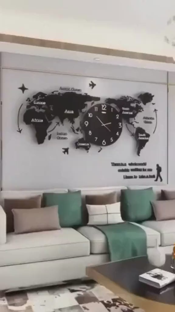 World Map Wooden Wall Clock 45x55 Inches | 3D MDF Modern Wall Art with Box & Double Tape – Large Decorative Clock for Living Room & Office