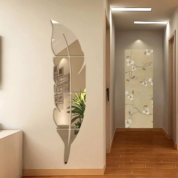 3D Acrylic Feather Wall Mirror – Golden Leaf Design Home & Room Decoration