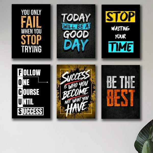 Motivational Wall Hanging Frames – Set of 6 (8x11 Inches | Wooden Back | Double Tape Included)