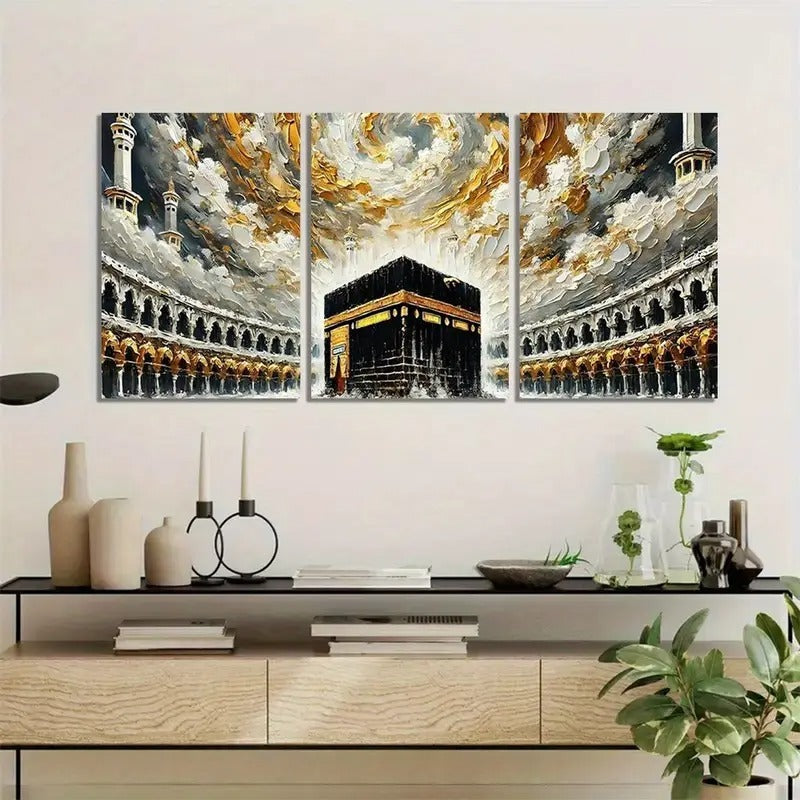 Khana Kaba Wooden Wall Art – 3 Piece Islamic Frame Set (8x11 Inches | Easy Mounting)