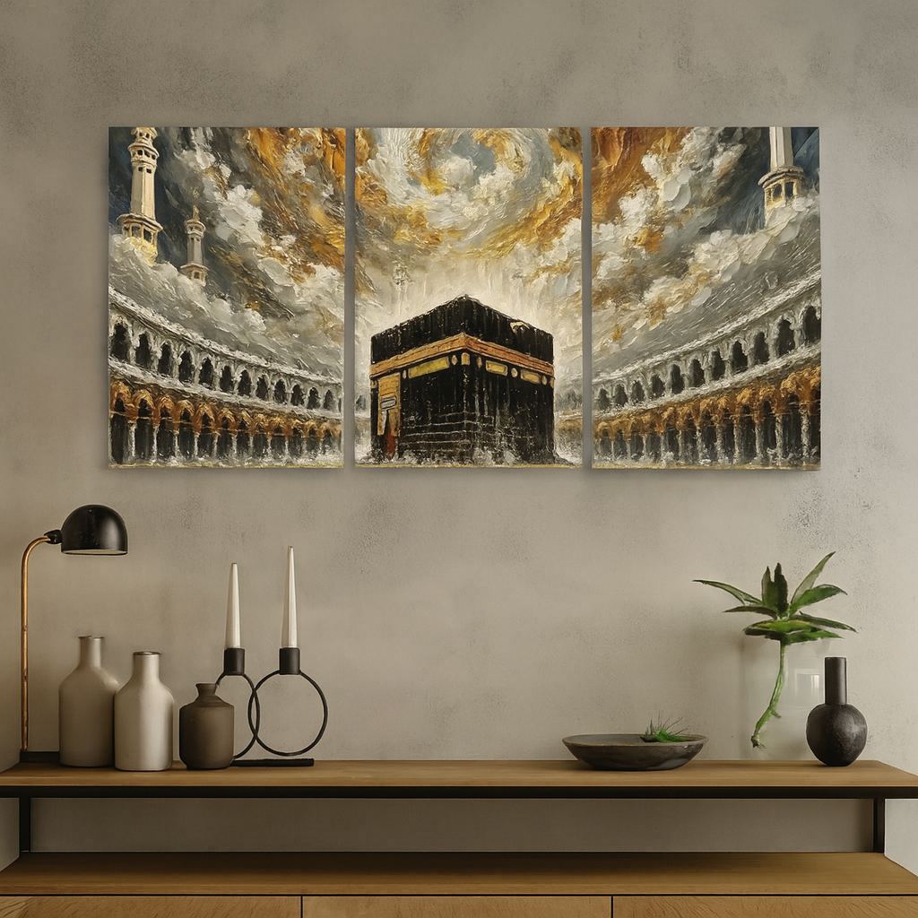 Khana Kaba Wooden Wall Art – 3 Piece Islamic Frame Set (8x11 Inches | Easy Mounting)