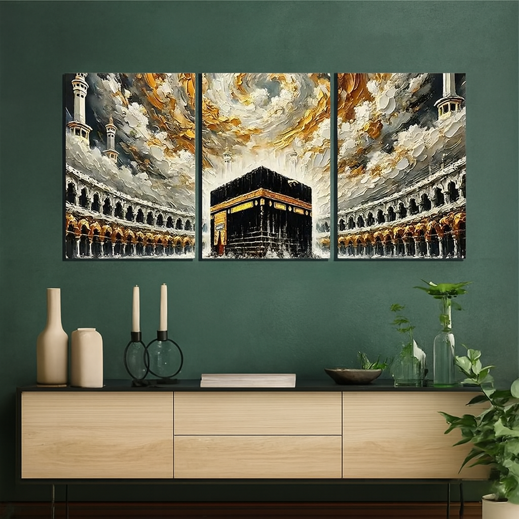 Khana Kaba Wooden Wall Art – 3 Piece Islamic Frame Set (8x11 Inches | Easy Mounting)