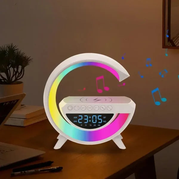 BT-3401 Multi-Functional LED Clock Speaker Lamp | G-Shaped Wireless Charging Speaker with Night Light, Bluetooth & Alarm
