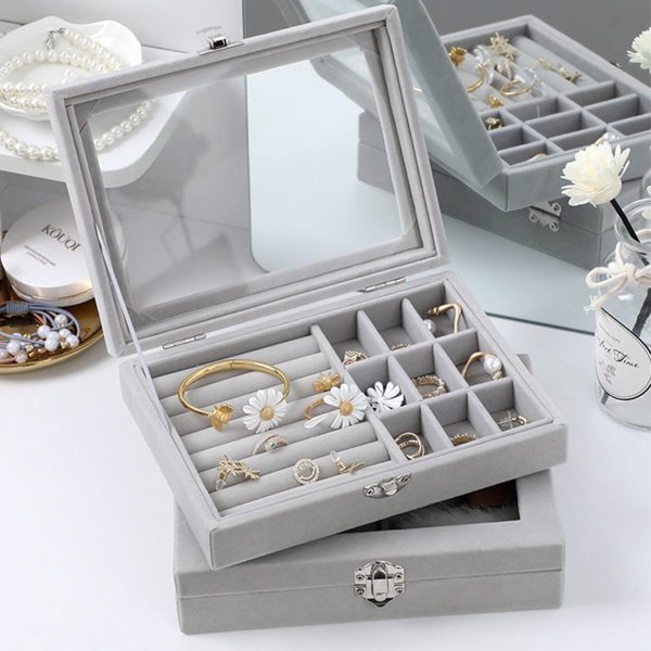 Mistico Velvet Jewelry Organizer Box with Glass Cover – Ring, Earring & Bracelet Display Case