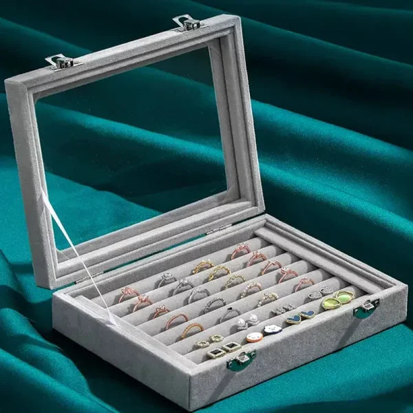 Mistico Velvet Jewelry Organizer Box with Glass Cover – Ring, Earring & Bracelet Display Case